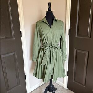 Classic Olive Green Long-Sleeve Shirt Dress with Tie Waist